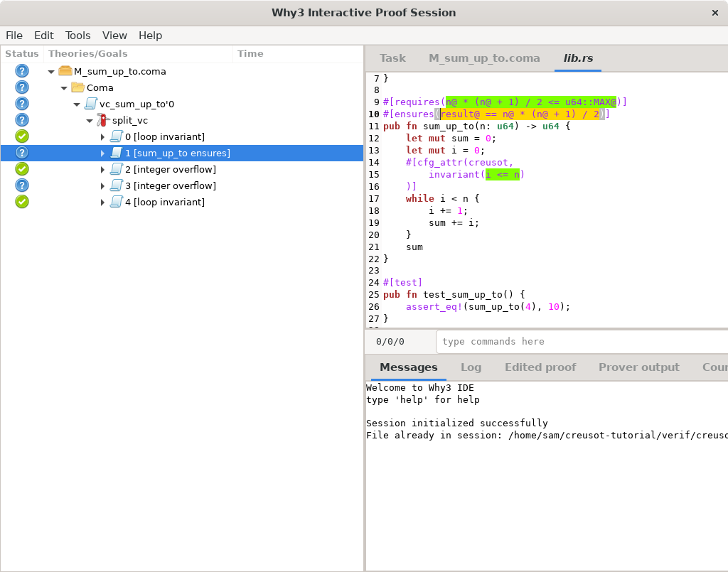 Screenshot of Why3 IDE window, focused on ensures goal
